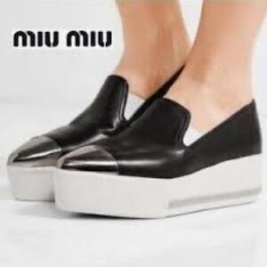 Authentic Miu Miu slip-on platform shoes black leather silver cap toe sz US 7
